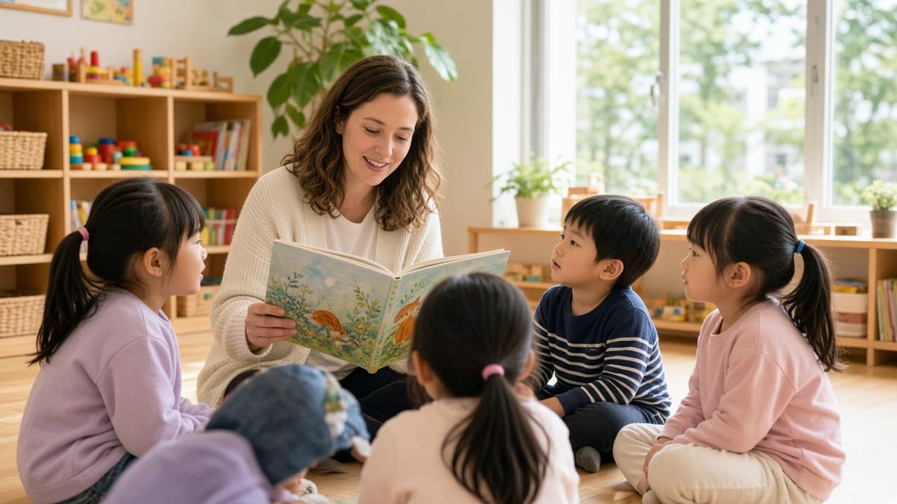 幼児施設で絵本を読む英語教師