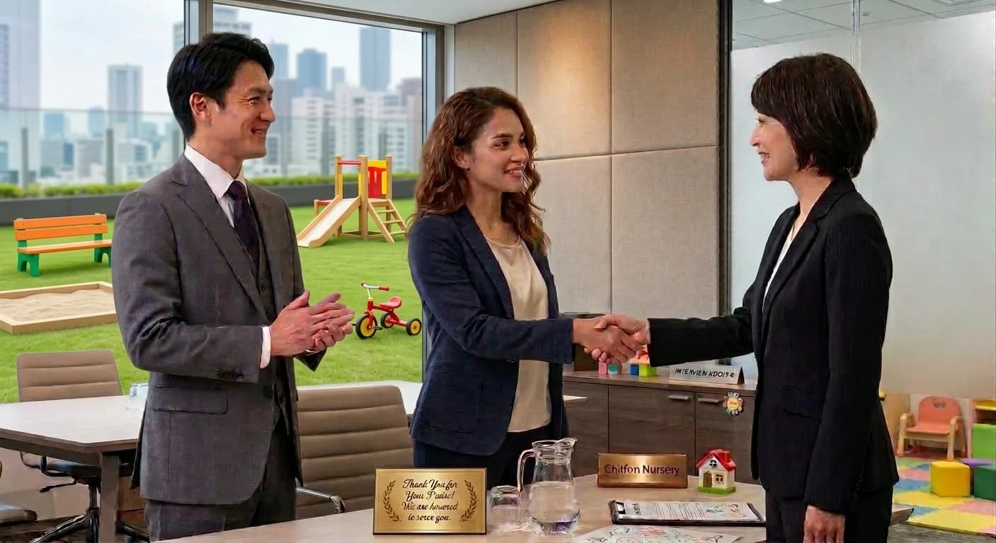エージェント立ち会いのもと握手を交わす求人企業の担当者と求職者